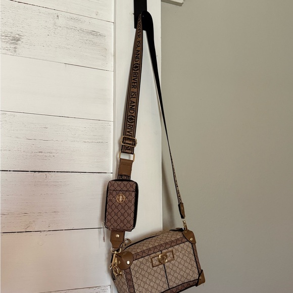 River Island Handbags - River Island Tan Brown Monogram Crossbody Bag with Detachable Pouch
